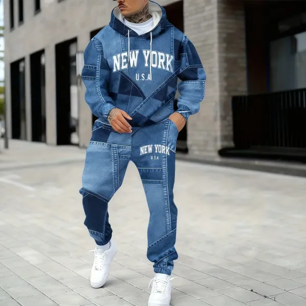 Denim Tears New York USA Patchwork Hoodie and Joggers Set Blue - 1