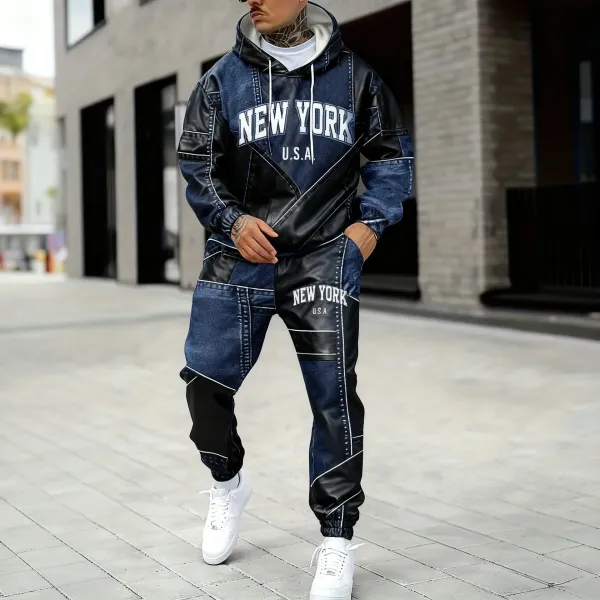 Design Denim Patchwork 'New York U.S.A.' Hoodie and Sweatpants Set Blue Black - 4