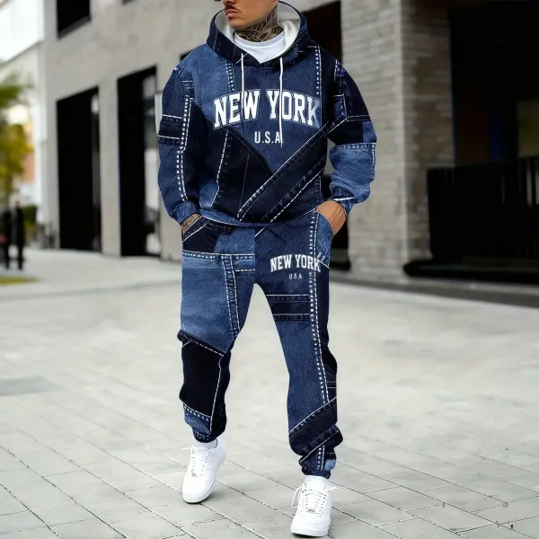 Design Denim Patchwork 'New York U.S.A.' Hoodie and Sweatpants Set Blue Black - 8
