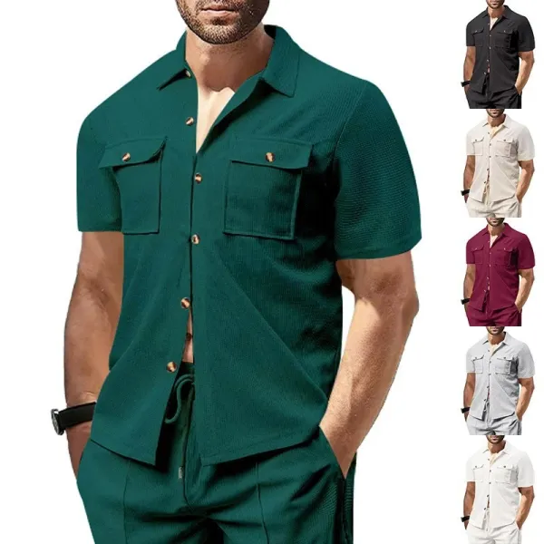 Design Beige Waffle Knit Short-Sleeve Shirt and Drawstring Pants Set Sets - 5