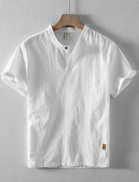 Design Henley Shirt White Cotton-Linen Blend Top - 1