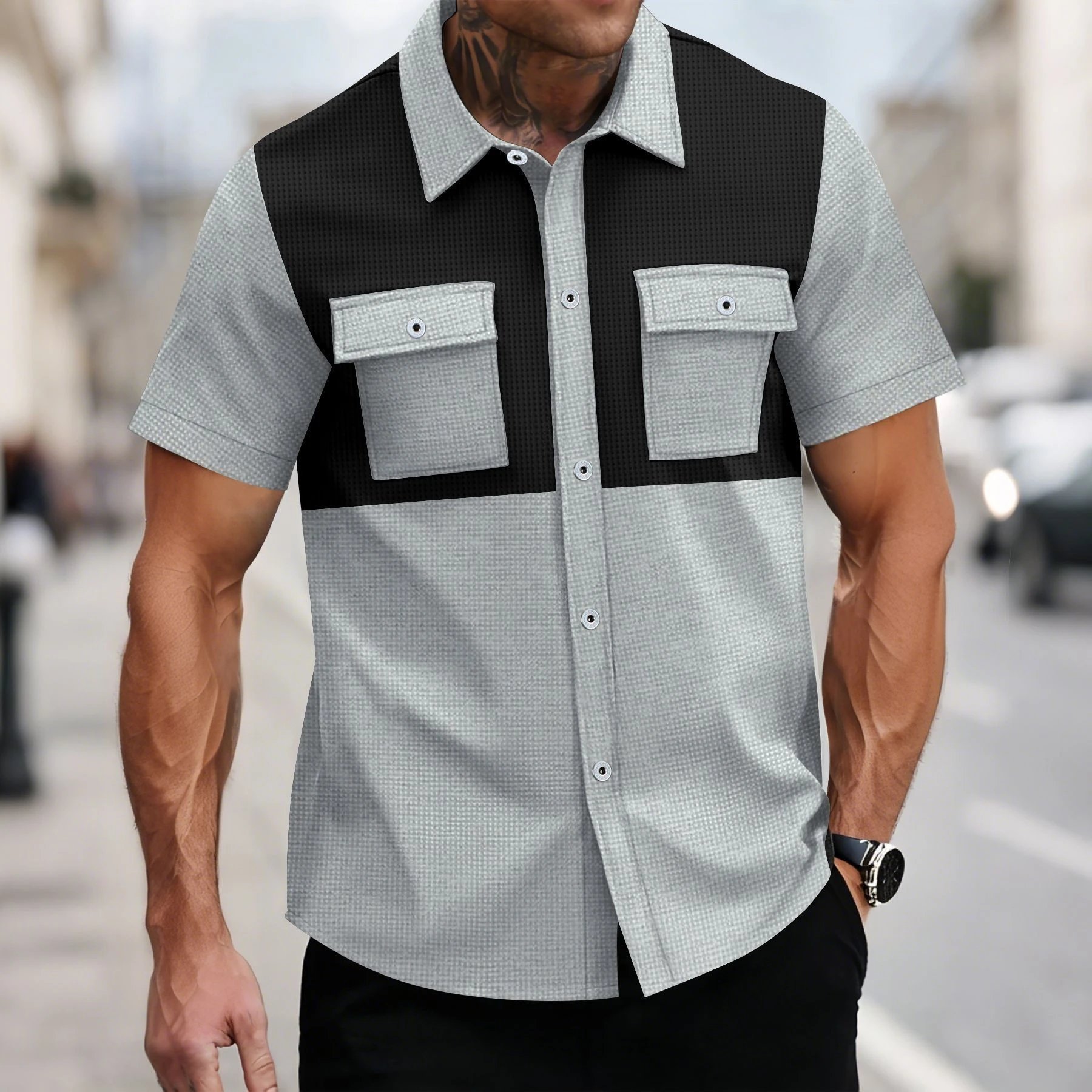 Design Color-Block Waffle Texture Short-Sleeve Shirt Burgundy / Gray - 7