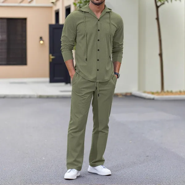 Design Hooded Button-Up Set Olive Green Casual Set - 1
