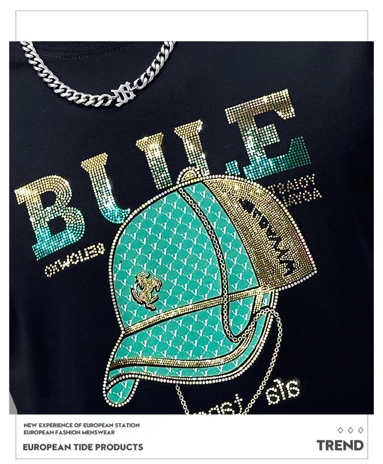 Design Bule Graphic Rhinestone Embellished Yellow T-Shirt - 18