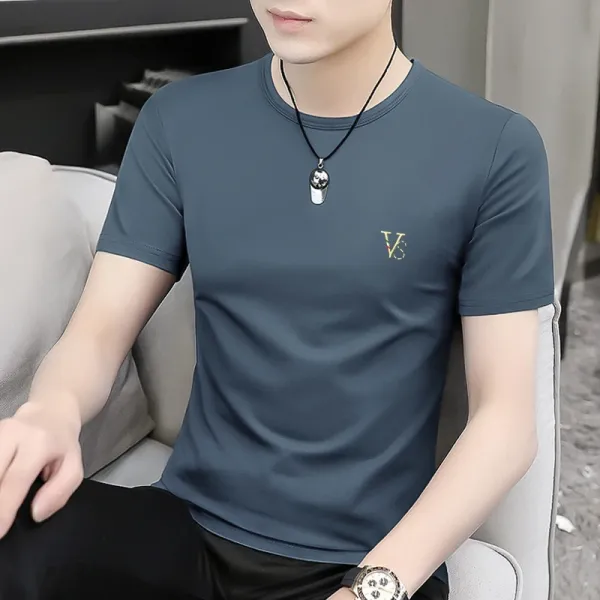 Design V Logo Embroidered Slim Fit T-Shirt Slate Blue - 1