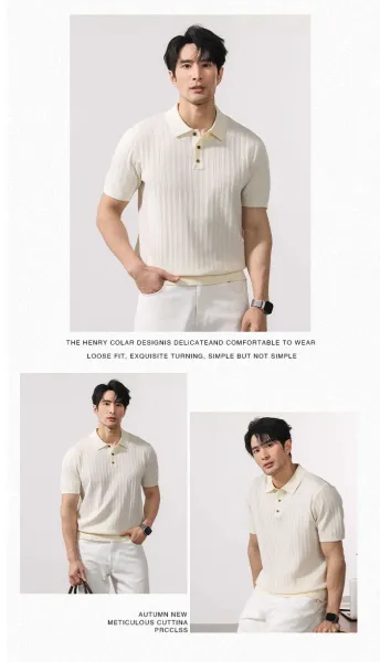 Design Ribbed Knit Polo Shirt in Cream with White Trousers Tops Polo - 8