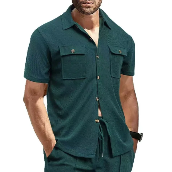 Design Beige Waffle Knit Short-Sleeve Shirt and Drawstring Pants Set Sets - 6