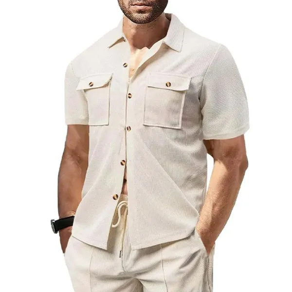 Design Beige Waffle Knit Short-Sleeve Shirt and Drawstring Pants Set Sets - 9