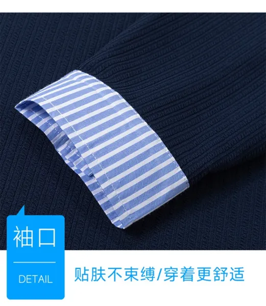 Design Layered Collar Ribbed Polo Beige with Blue Stripe Polo Shirt - 17