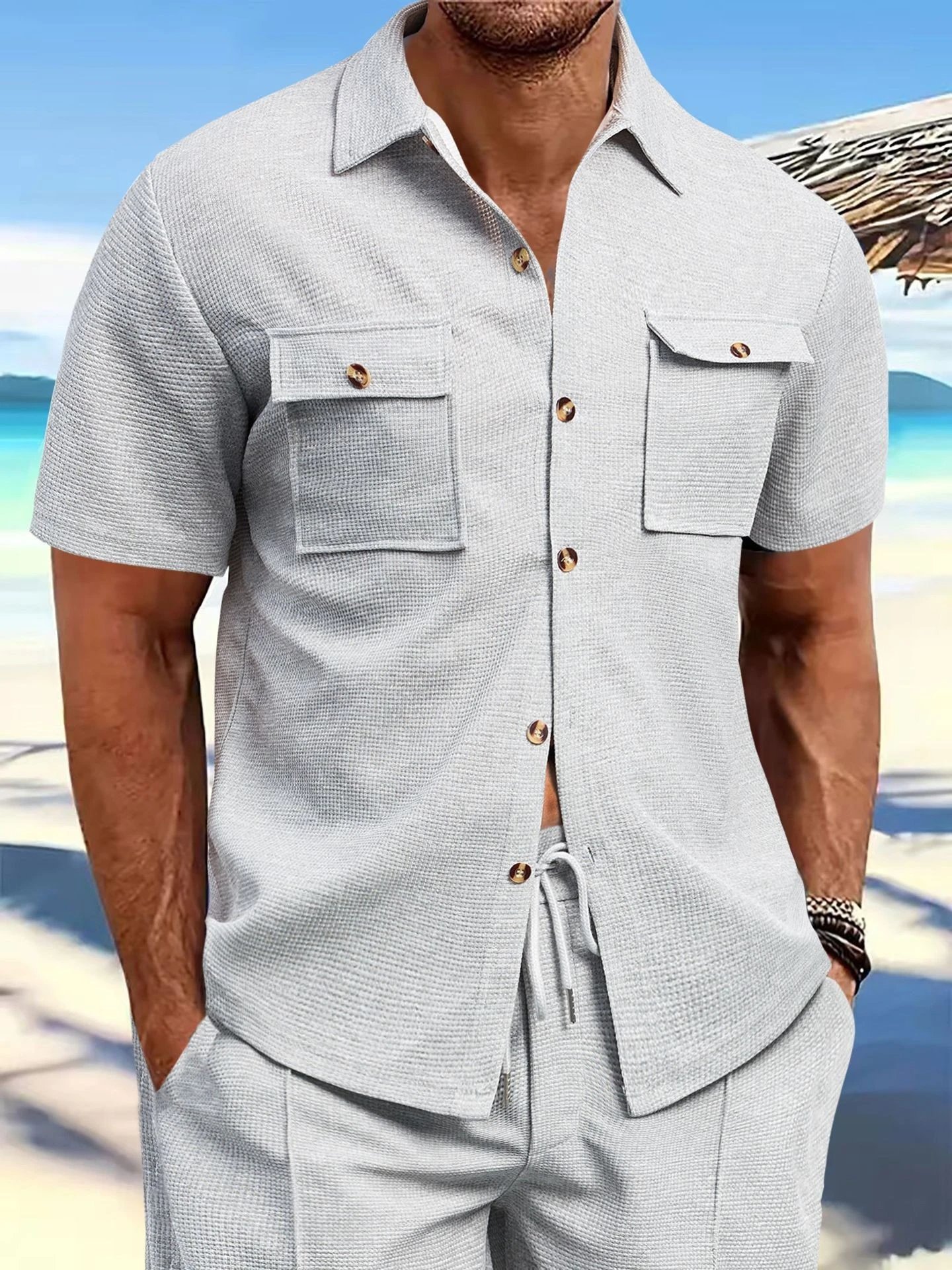 Design Beige Waffle Knit Short-Sleeve Shirt and Drawstring Pants Set Sets - 18