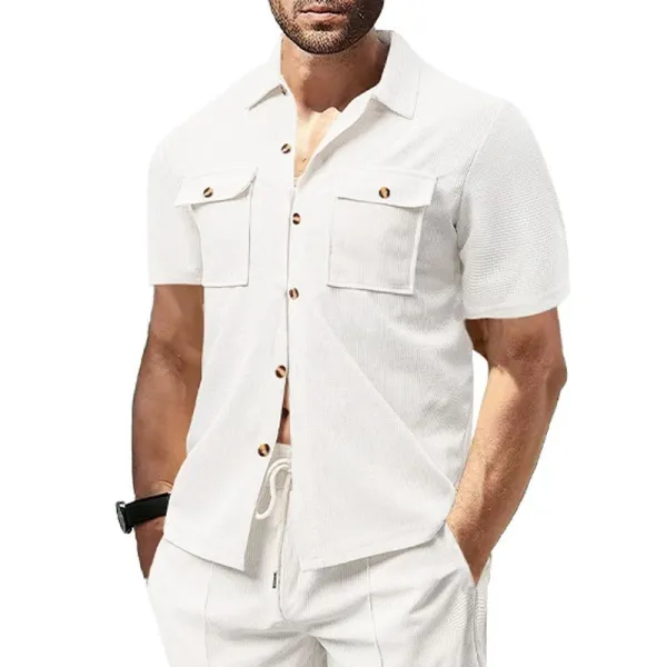 Design Beige Waffle Knit Short-Sleeve Shirt and Drawstring Pants Set Sets - 25