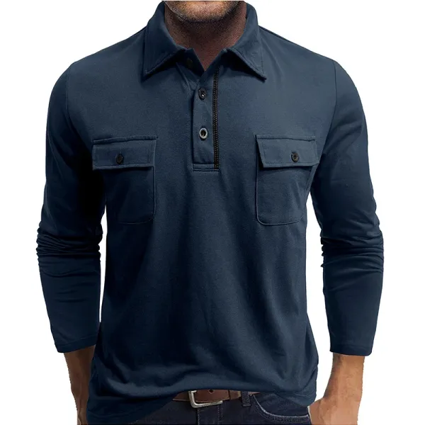 Design Long Sleeve Utility Polo Navy Blue Tops Polo - 1