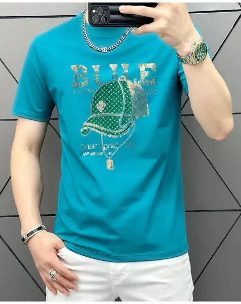 Design Bule Graphic Rhinestone Embellished Yellow T-Shirt - 26