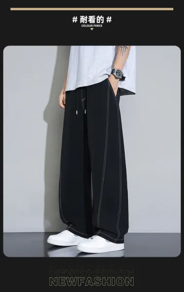 Design Wide-Leg Track Pants with Contrast Stitching Black Pants Sweatpants - 14