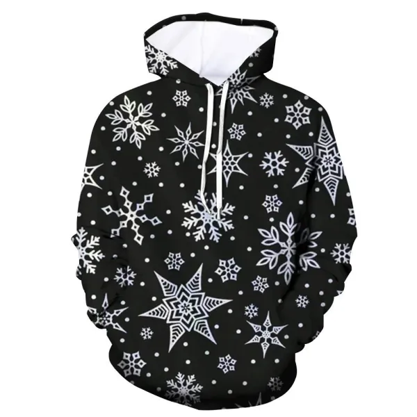 Design Snowflake Print Black Hoodie - 3