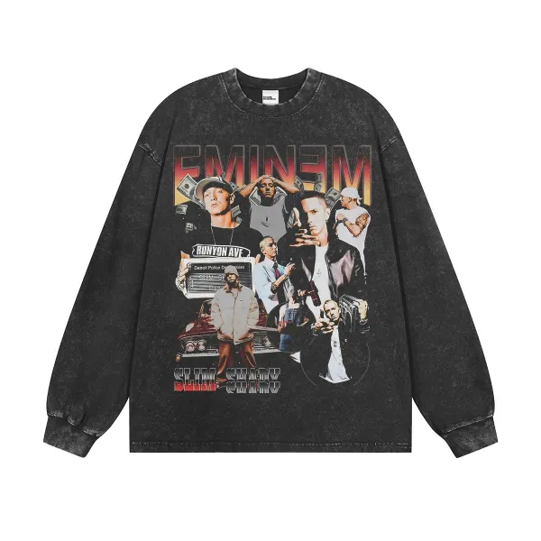 Design Eminem x Unknown Brand Collage Print Acid Wash Black Long Sleeve Tee T-Shirts - 1