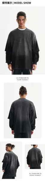 Design Distressed Layered Sleeve Long-Sleeve T-Shirt Black - 6