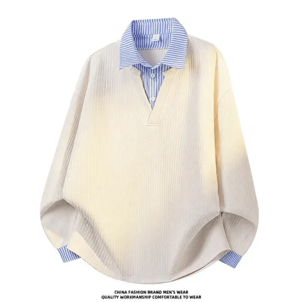 Design Layered Collar Ribbed Polo Beige with Blue Stripe Polo Shirt - 1