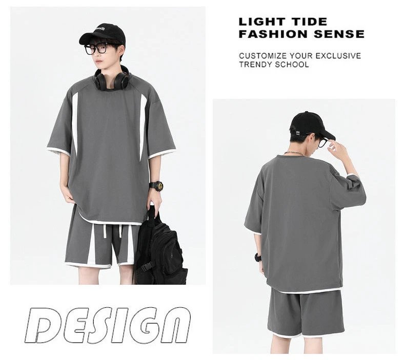 Design Oversized T-Shirt and Shorts Set Beige with Black Stripes Casual Set - 19
