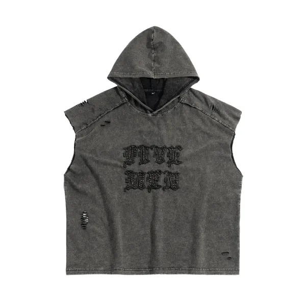 Design Five Men Distressed Denim Hooded Vest Gray Vest Top - 1