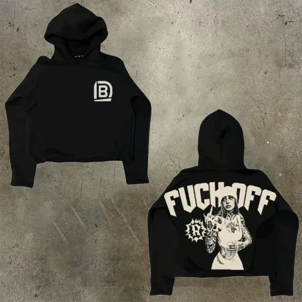 Design Cropped Hoodie with 'FUCK OFF' Graphic and Logo Print Black Hoodie - 1