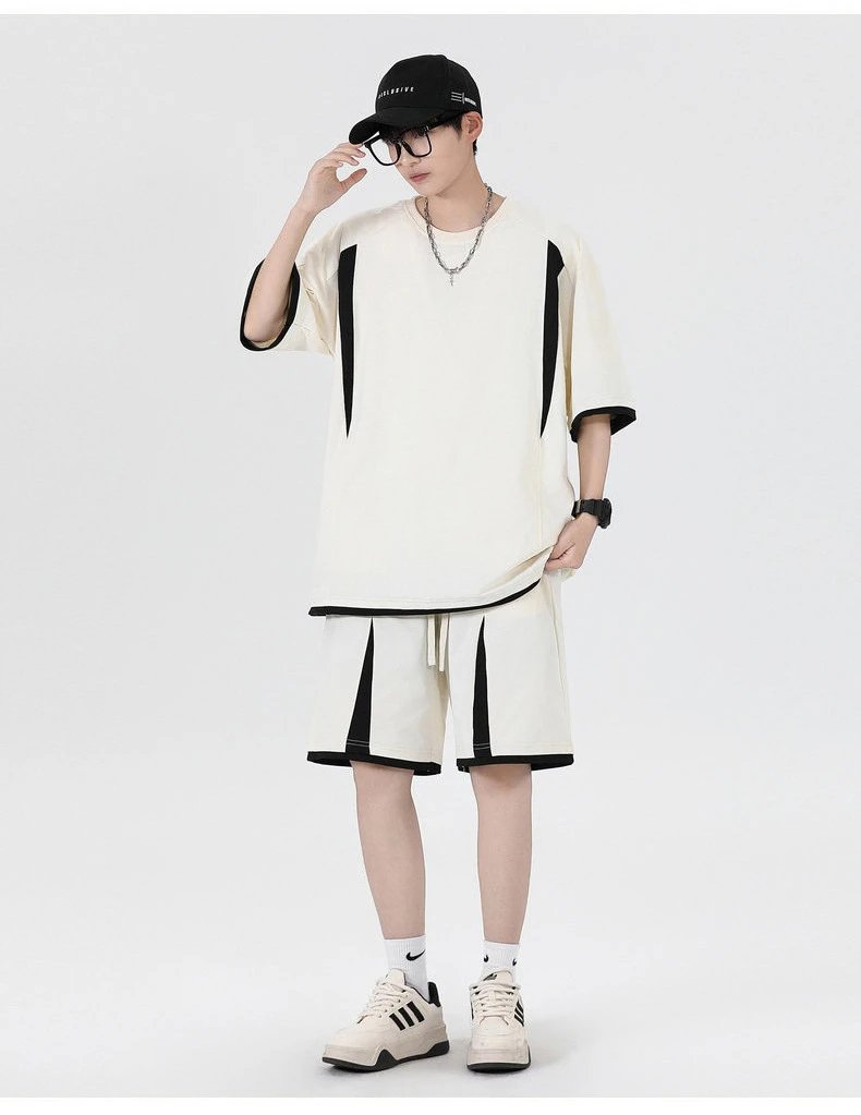 Design Oversized T-Shirt and Shorts Set Beige with Black Stripes Casual Set - 20
