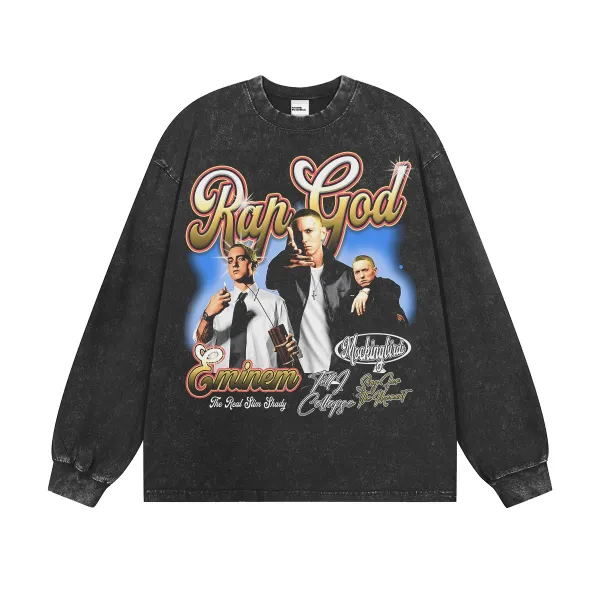 Design Eminem Rap God Graphic Long-Sleeve Tee Black T-Shirts - 1