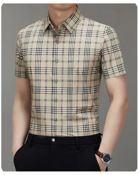 Design LGG Plaid Short-Sleeve Button-Up Shirt Beige Shirt - 12