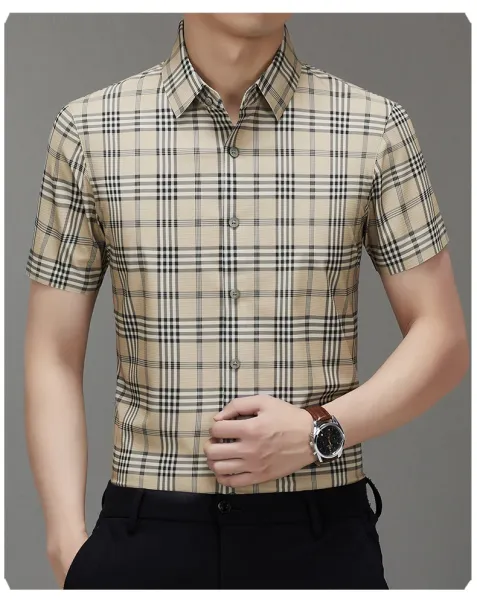 Design LGG Plaid Short-Sleeve Button-Up Shirt Beige Shirt - 13