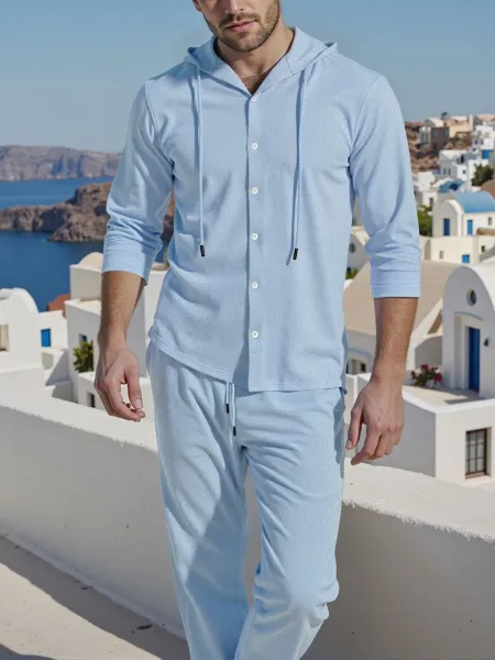 Design Light Blue Hooded Button-Up Shirt and Matching Pants Set - 15