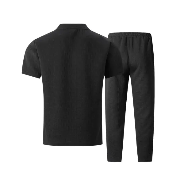 Design Textured Knit Set Black T-Shirt and Pants with White Sneakers - 11