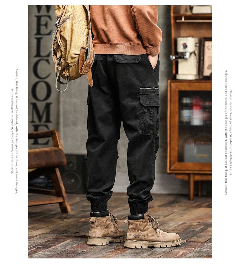 Design Cargo Pants Black with Zippered Pocket and Elastic Cuff Pants - 24