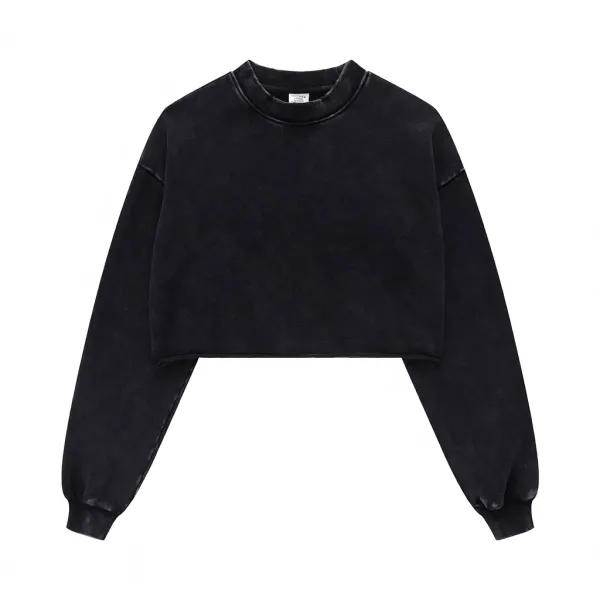 Design Cropped Acid Wash Gray Sweatshirt Sweater - 5