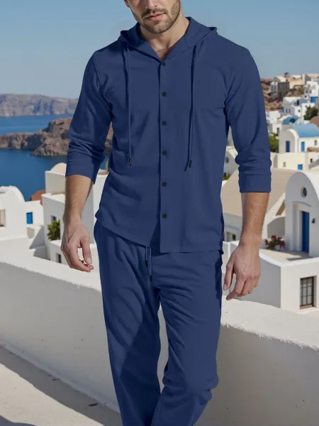 Design Light Blue Hooded Button-Up Shirt and Matching Pants Set - 19