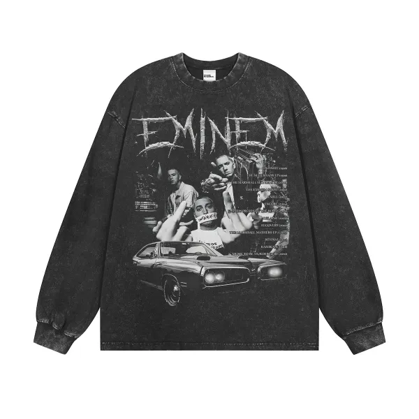 Design Eminem x Unknown Artist Vintage Wash Long Sleeve Graphic Tee Black T-Shirts - 1
