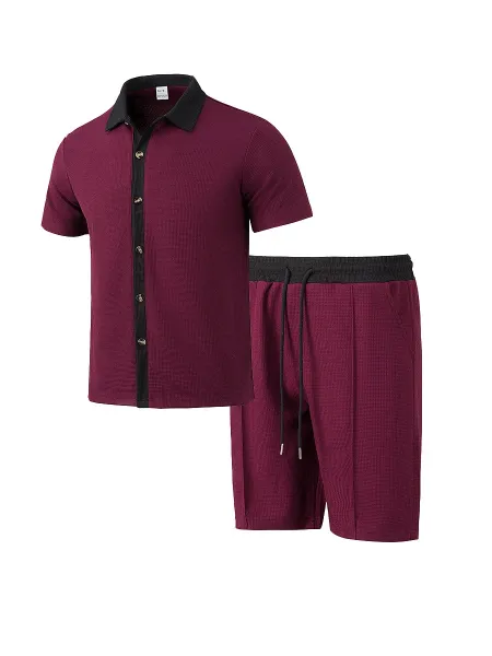Design Waffle-Textured Two-Tone Resort Set Burgundy Shorts - 20