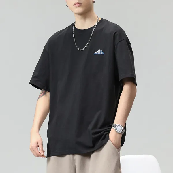 Design Mountain Embroidery Black Oversized T-Shirt - 1