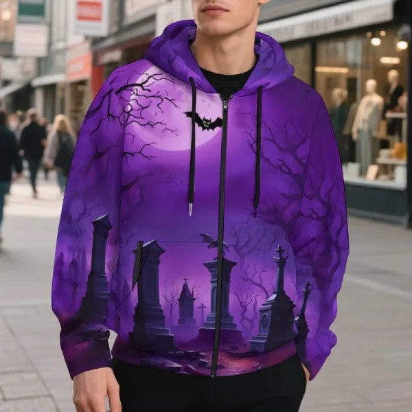 Design Halloween Cemetery Purple Graphic Zip-Up Hoodie - 1