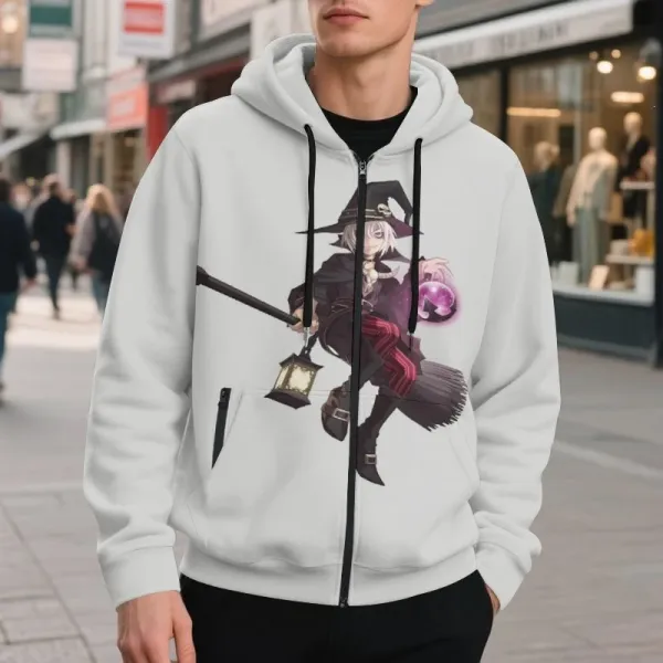 Design Anime Witch Graphic Zip-Up Hoodie White - 1