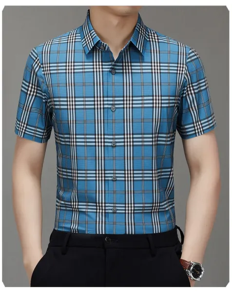 Design LGG Plaid Short-Sleeve Button-Up Shirt Beige Shirt - 9
