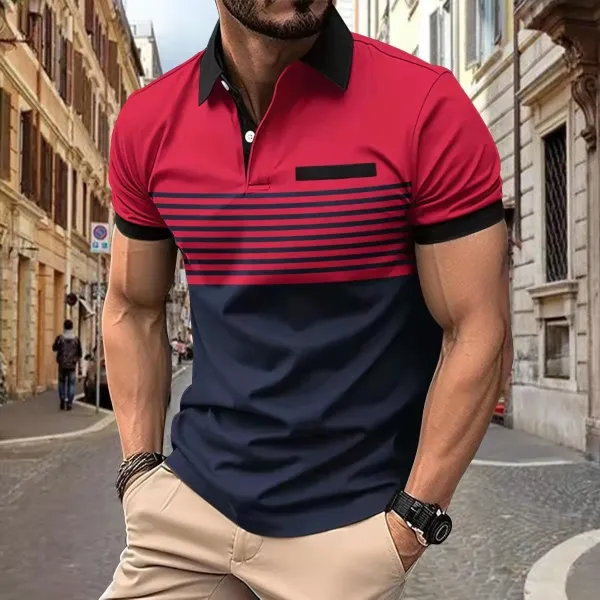 Design Color-Block Stripe Polo Red Navy Tops Polo - 1