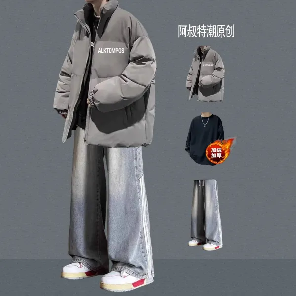 Design ALKTDMPGS Puffer Jacket Black + Gradient Wide-Leg Jeans Gray Outerwear - 7