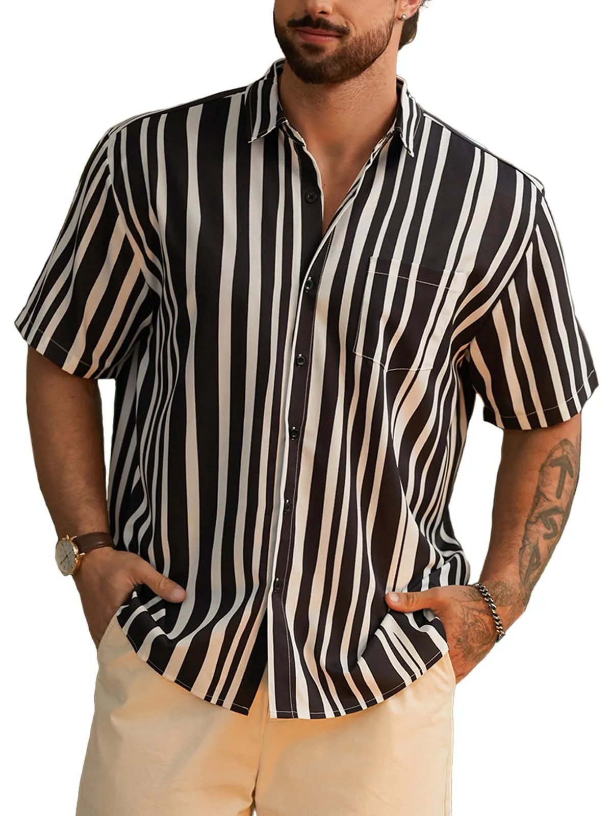 Design Harddaddy Striped Short-Sleeve Button-Up Shirt White and Gray Shirt - 10