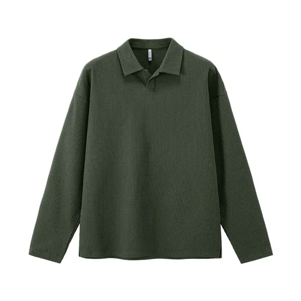 Design Waffle Knit Polo Shirt Army Green Tops Polo - 1