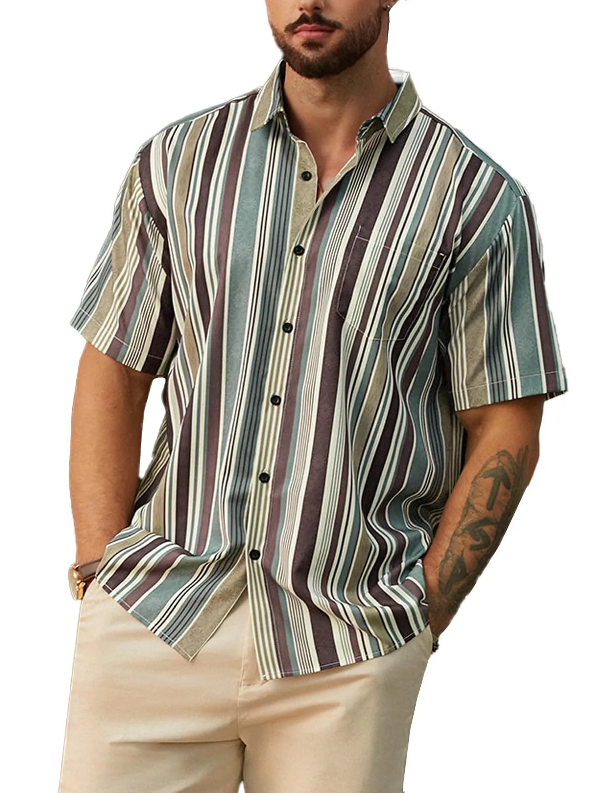 Design Harddaddy Striped Short-Sleeve Button-Up Shirt White and Gray Shirt - 18
