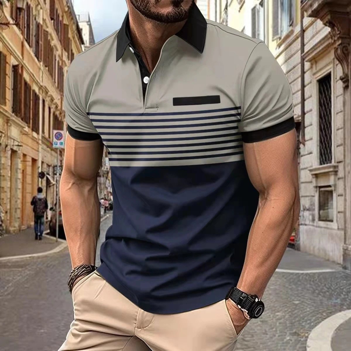 Design Color-Block Stripe Polo Navy Gray Black Tops Polo - 3