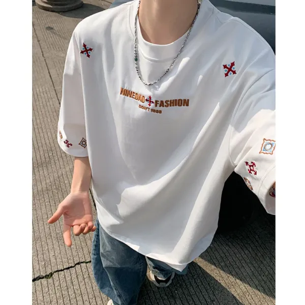 Design Ninedao Fashion Embroidered Graphic T-Shirt White T-Shirts - 1