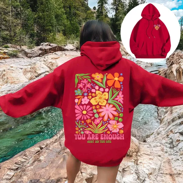 Design Floral Print 'You Are Enough' Oversized Hoodie Red - 1
