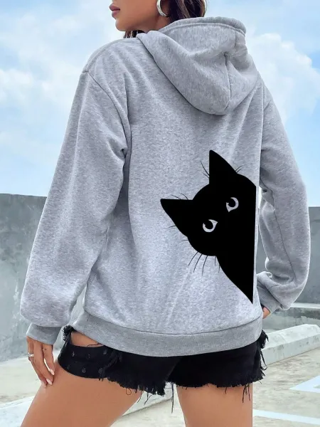 Design Cat Print Hoodie Gray - 1