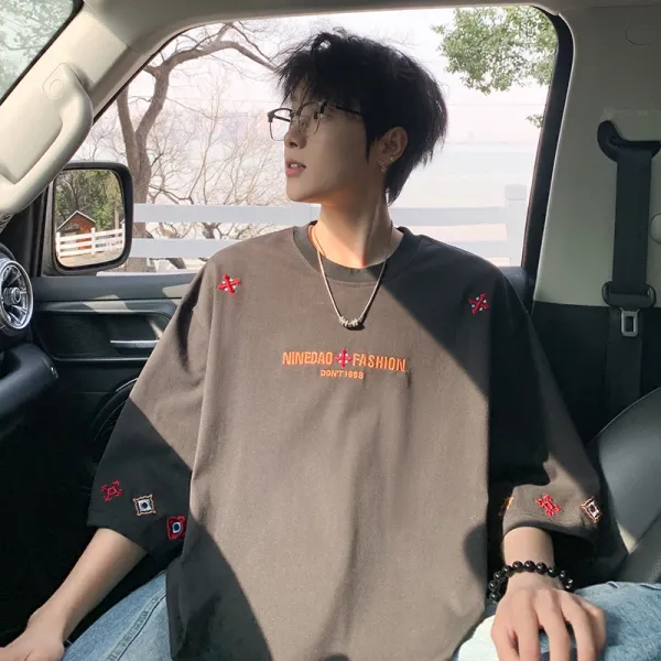 Design Ninedao Fashion Embroidered Color-Block T-Shirt Brown / Black T-Shirts - 1